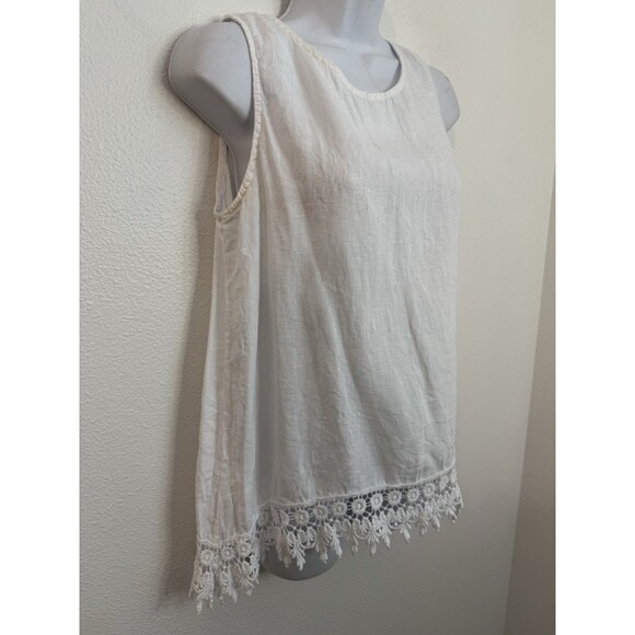 Terzo Millennio 100% Linen Tank White Crocheted Bottom Hem Italy Size M - Picture 2 of 6
